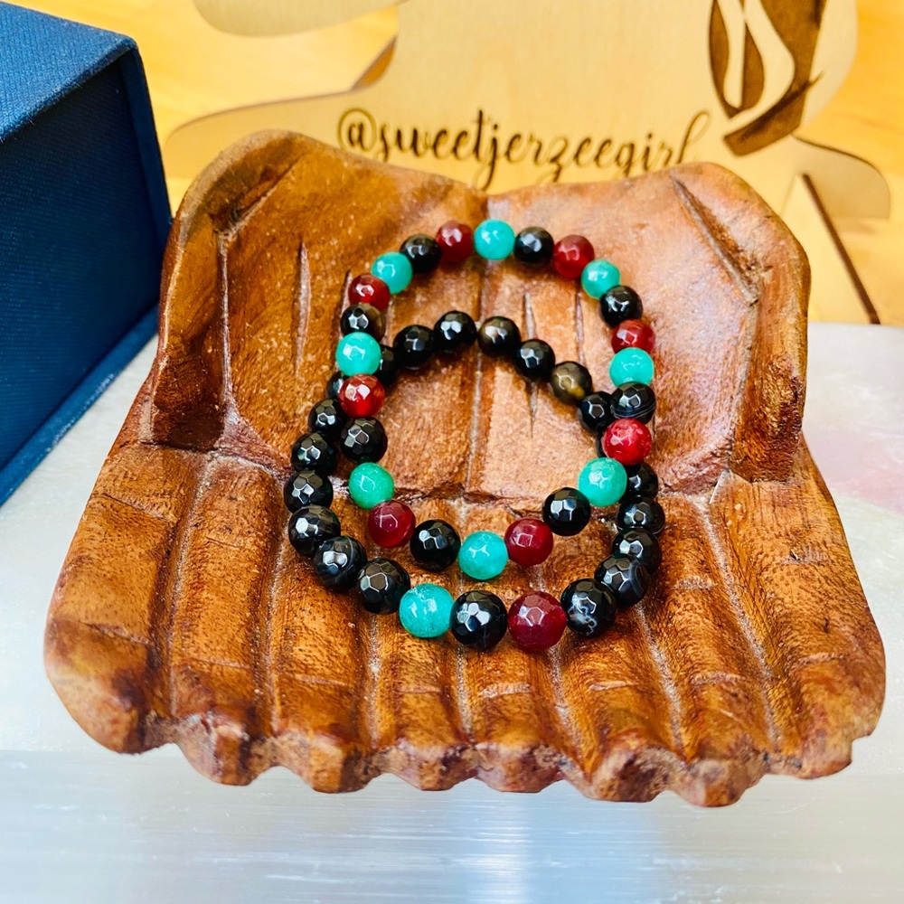 Handmade Faceted Red Green Jade & Black Agate Bracelet Set 2pcs